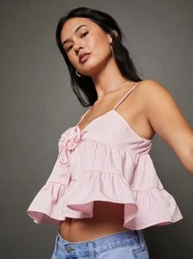 WESTFADE Tiered Babydoll Pink Cropped Cami Top - Pink - View 5