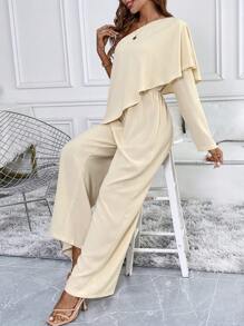 SHEIN Clasi Summer Oblique-Shoulder Flared Sleeve Jumpsuit - Apricot - View 6