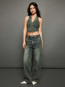 WESTFADE Premium 100% Cotton Denim Halter Top - Blue - View 4