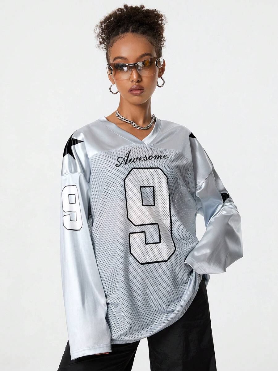 Coolane Women's Fall Game Day Long Sleeve Patchwork Printed Football Jersey T-Shirt,Couple Same Style