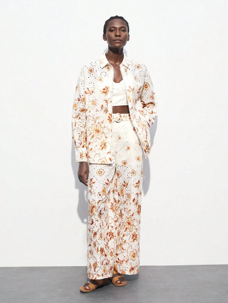 SHEIN Maija 2pcs Set Women Eyelet Embroidery Cami Top & Floral Print Pants