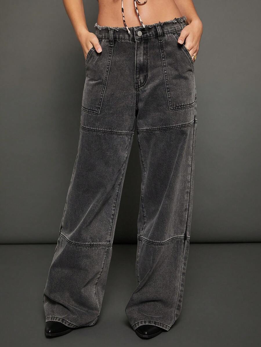 WESTFADE Premium Cotton Non-Stretch Wide Leg Utility Jeans - Grey - View 1