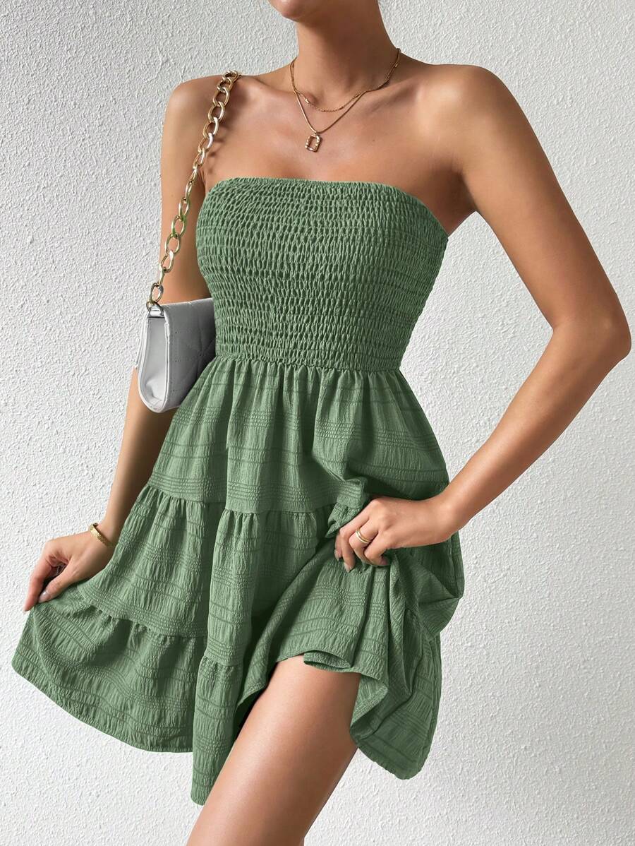 Chiquease 無肩帶多層次下擺洋裝 - 軍綠色 - 查看 1