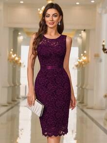 MIUSOL Solid Floral Lace Bodice Cocktail Party Fitted Dress - Maroon - View 6