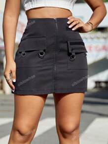 Street Solid High Waist Zipper Front Flap Patch Pocket Casual Bodycon Mini Cargo Skirts