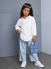 SHEIN Camisa informal holgada de unicolor con un solo hombro asimétrico y tirante frío de manga larga para niñas preadolescentes