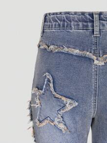 SHEIN Explorewe 少女復古街頭風格舒適磨損彈性牛仔褲，五角星刺繡設計