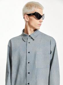 Manfinity VCAY 男士休闲 100% 纯棉牛仔效果宽松长袖衬衫，适合春秋季日常穿着 - 卡其色 - 查看 7