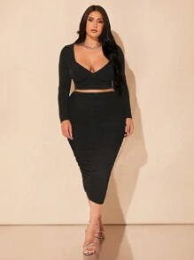 SHEIN BAE Bộ váy hai mảnh cổ lọ xếp nếp tay dài thanh lịch cho nữ dự tiệc sang trọng, thiết kế thanh lịch, dành cho ngày lễ, thu đông - màu đen - Xem 1