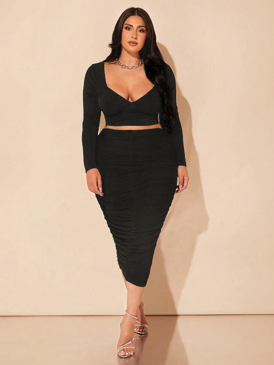 SHEIN BAE Bộ váy hai mảnh cổ lọ xếp nếp tay dài thanh lịch cho nữ dự tiệc sang trọng, thiết kế thanh lịch, dành cho ngày lễ, thu đông - màu đen - Xem 1