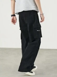 Claim Dot Men Drawstring Waist Flap Pocket Cargo Trousers - Black - View 2