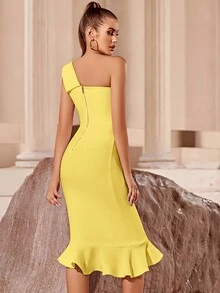 ADYCE Sleeveless One-Shoulder Bandage Mermaid Party Prom Dress - Yellow - View 2