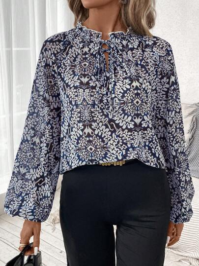 SHEIN Clasi 女士束口領復古風格圖案透氣長袖泡泡袖和流暢優雅的深藍白色襯衫，適用於通勤和日常穿著。