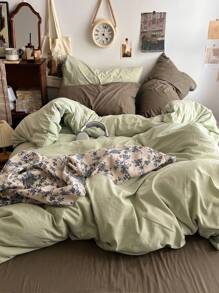 3pcs Green Flannel Dorm Bedding Set, Including Duvet Cover, Pillowcase - Green - View 4