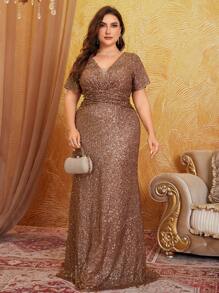 UNITHORSE Vestido elegante con escote en V y lentejuelas de talla grande, de alta calidad, adecuado para fiestas, invitados de boda, ocasiones formales, galas, vestidos de novia, fiestas de cumpleaños, ceremonias de graduación y talla grande - Café integral - Ver 1