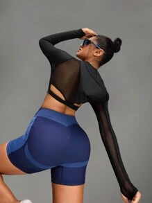 Innovista 性感纯色透气网眼拼接T恤运动卫衣，适合日常健身、运动、健身等场合，基础款T恤，运动上衣，Y3k风格，健身上衣，运动衫，派对，女士，音乐节，露脐背心，外出上衣，罗纹纹理短款卫衣，必备卫衣 - 黑色 - 查看 7