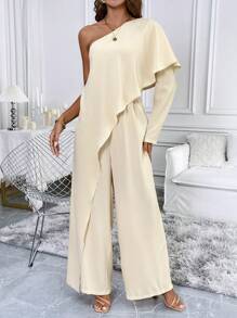 SHEIN Clasi Summer Oblique-Shoulder Flared Sleeve Jumpsuit - Apricot - View 5