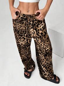 SHEIN EZwear 豹纹梭织阔腿休闲街头个性长裤 - 彩色 - 查看 5