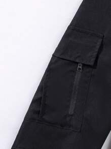 SHEIN Pantalones de trabajo de moda urbana de unicolor con varios bolsillos para niños preadolescentes - Negro - Ver 5