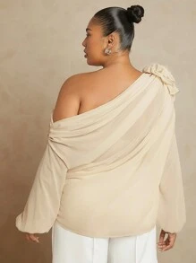 L'Amorae Plus Asymmetric Off Shoulder Shirt With 3D Flower