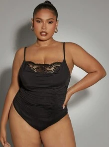 Hauture Plus Size Drap Ruched Lace Trim Sexy Bodysuit - Black - View 5