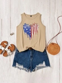 SHEIN LUNE Plus Size Independence Day Printed Round Neck Sleeveless Top For Daily Casual Wear - Khaki - View 3