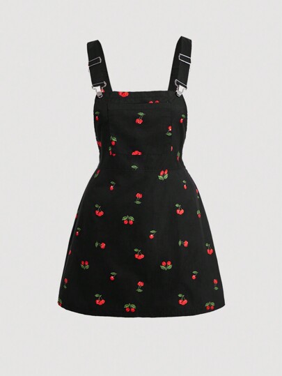 SHEIN MOD Plus Size Women'S Cherry Printed Front Patch Pockets Side Zip Summer Going Out Overall Dress
