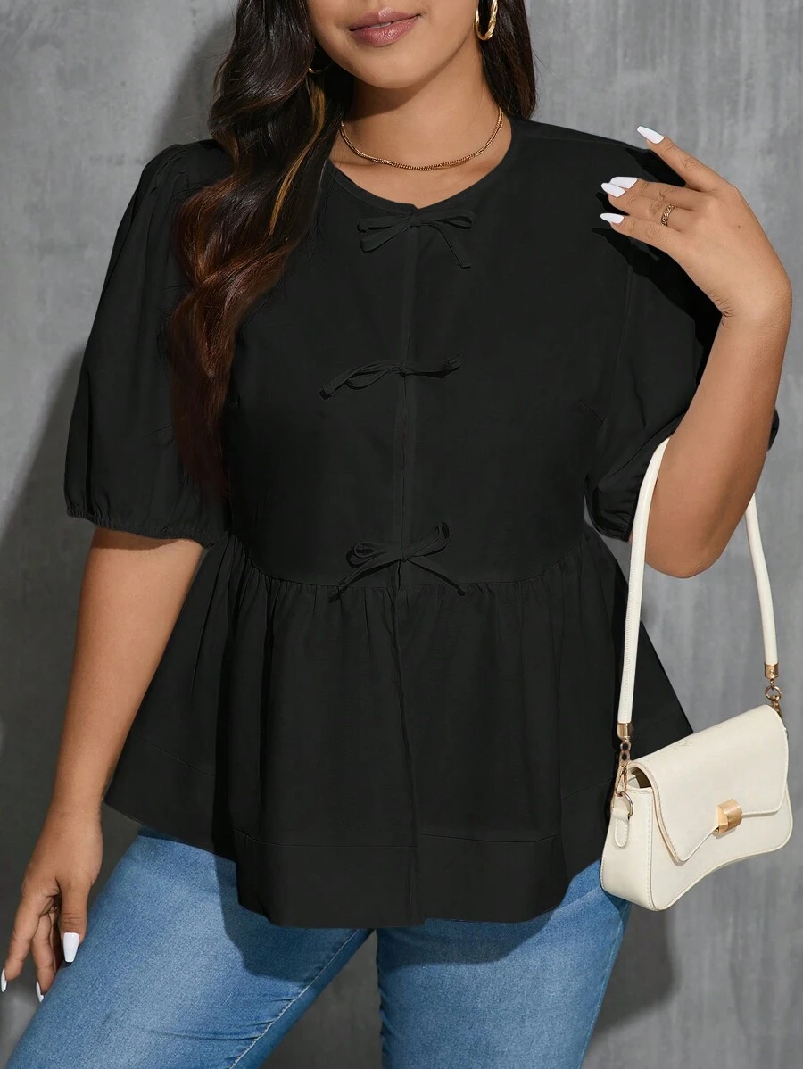 SHEIN Essnce Women's Plus Size Bow Tie Strap Puff Sleeve Loose White Shirt - Black - View 1