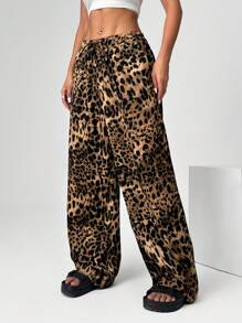 SHEIN EZwear 豹纹梭织阔腿休闲街头个性长裤 - 彩色 - 查看 4