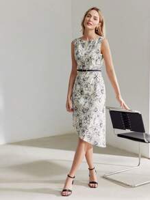 MOTF PREMIUM ĐẦM DỰ TIỆC IN HOA VÒNG EO THẬT KHÔNG ĐỐI XỨNG - Màu be - Xem 7