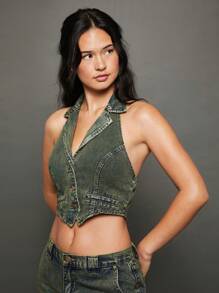 WESTFADE Premium 100% Cotton Denim Halter Top - Blue - View 6