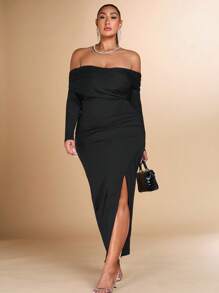 SHEIN BAE Plus Size Women's Elegant Party Nightclub Date Halloween Off Shoulder Ruched Long Sleeve Split Hem Black Knitted Dress
