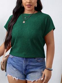 SHEIN LUNE Áo cánh dơi họa tiết trơn thường ngày cỡ lớn mùa hè - Màu xanh lá cây đậm - Xem 3