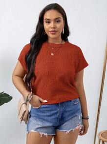 SHEIN LUNE Plus Size Summer Casual Solid Color Texture Batwing Sleeve Shirt