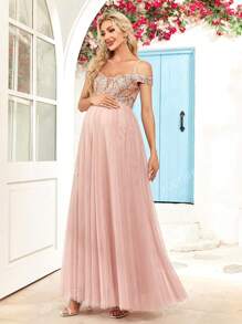 Maternity Cold Shoulder Sequin Contrast Mesh Formal Party Photoshoot Dress