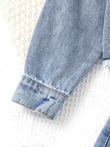 Tween Girls Y2K Style Two-Piece Denim Set, Spring/Autumn Long-Sleeved Denim Jacket With Collar + Denim Skirt Outfits - Medium Wash - View 3