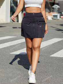 Street Solid High Waist Zipper Front Flap Patch Pocket Casual Bodycon Mini Cargo Skirts