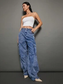 Premium 91% Cotton Denim Baggy Cargo Jeans - Light Wash - View 6