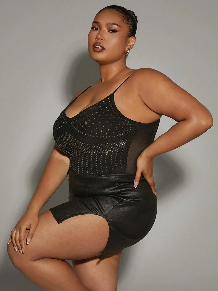 Plus Rhinestone Detail Cami Party Bodysuit