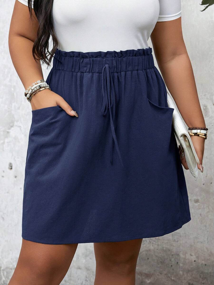 SHEIN LUNE Váy thun eo hình nấm trang trí có túi Plus Size - Màu xanh hải quân - Xem 1