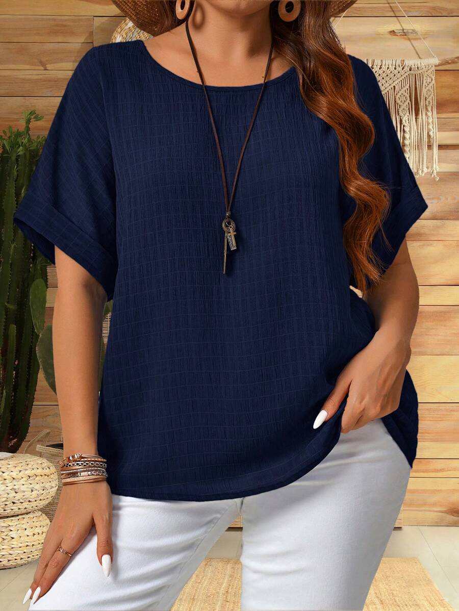 EMERY ROSE Plus Size Summer Vacation Casual Solid Color Textured Batwing Sleeve Shirt
