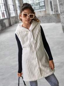 SHEIN Explorewe Tween Girls' Solid Color Simple Sleeveless Hooded Jacket, Daily Wear - Apricot - View 3