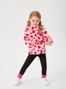 SHEIN 小女孩粉紅色有帽心形印花帶口袋絨布休閒可愛冬季裝 - 粉色 - 查看 3