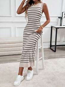 SHEIN LUNE Casual And Comfortable Striped Sleeveless Women's Dress - Khaki - View 3