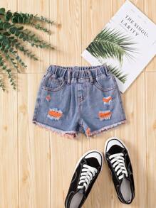 Young Girls' Medium Wash Blue Distressed Frayed Denim Shorts - Light Wash - View 1