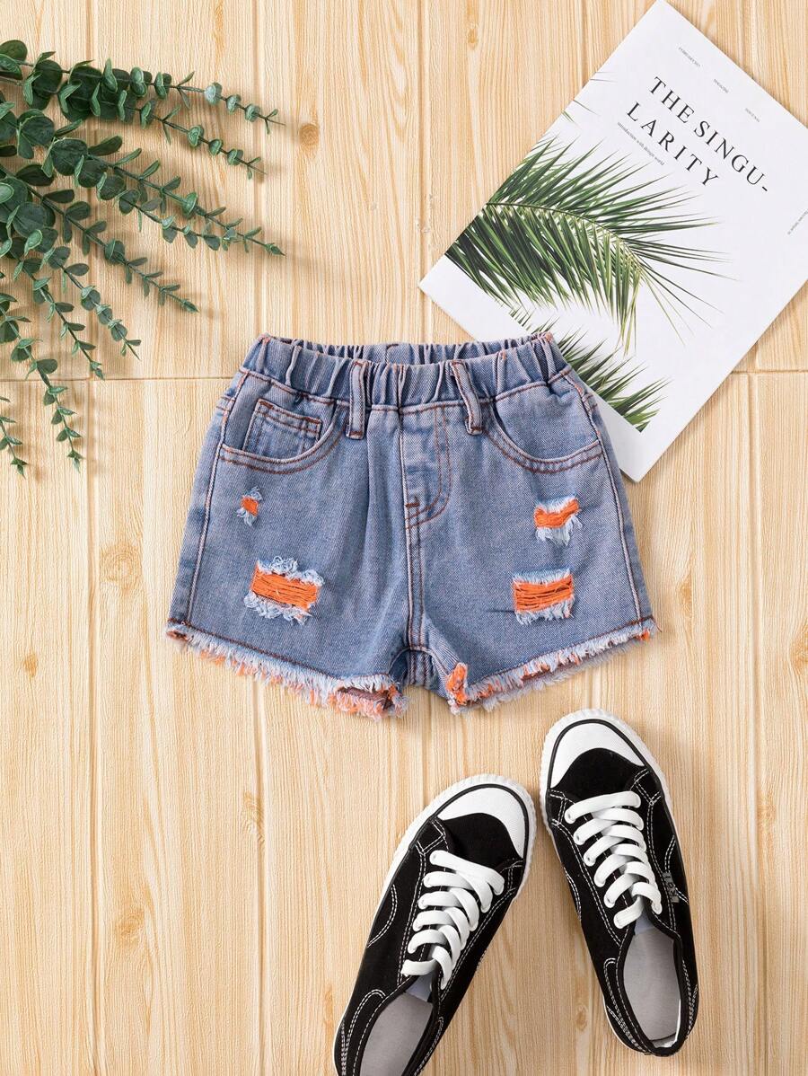 Young Girls' Medium Wash Blue Distressed Frayed Denim Shorts - Light Wash - View 1