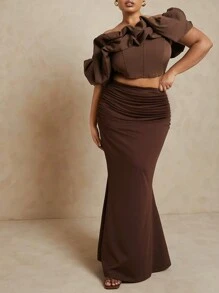 SHEIN Unity Váy Maxi xếp nếp Plus bên hông - Cà phê nâu - Xem 1