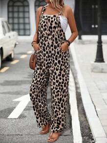 SHEIN LUNE Sommer Jumpsuit für Damen mit Leopardenmuster, ärmellos mit zwei Taschen, leger