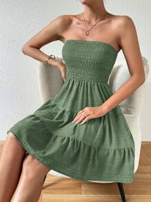 Chiquease 無肩帶多層次下擺洋裝 - 軍綠色 - 查看 3