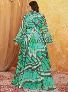 UNITHORSE Große Größen Zufallsschnitt Blumenmuster Aquarell Kragen, Laternenschlitz Ärmel, digitaler Aquarelldruck, hochwertig und elegantes Chiffon-Kleid mit ausgestelltem Saum, elegantes Partykleid, Hochzeitsgast Kleid, formelles Abendkleid